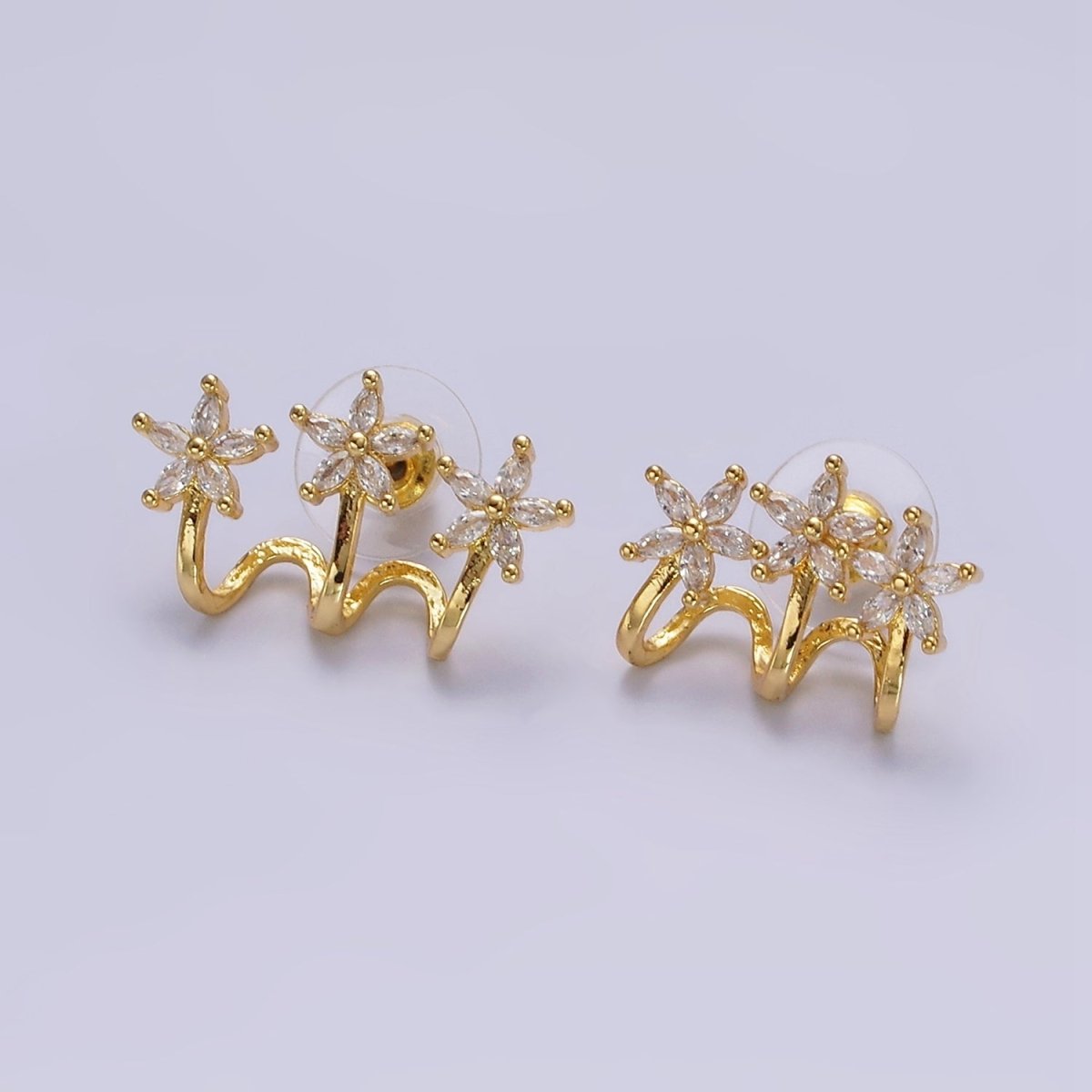 Trendy 14K Gold-Filled Green, Clear Fuchsia Marquise Flower Triple Ear Cuff Stud Earrings