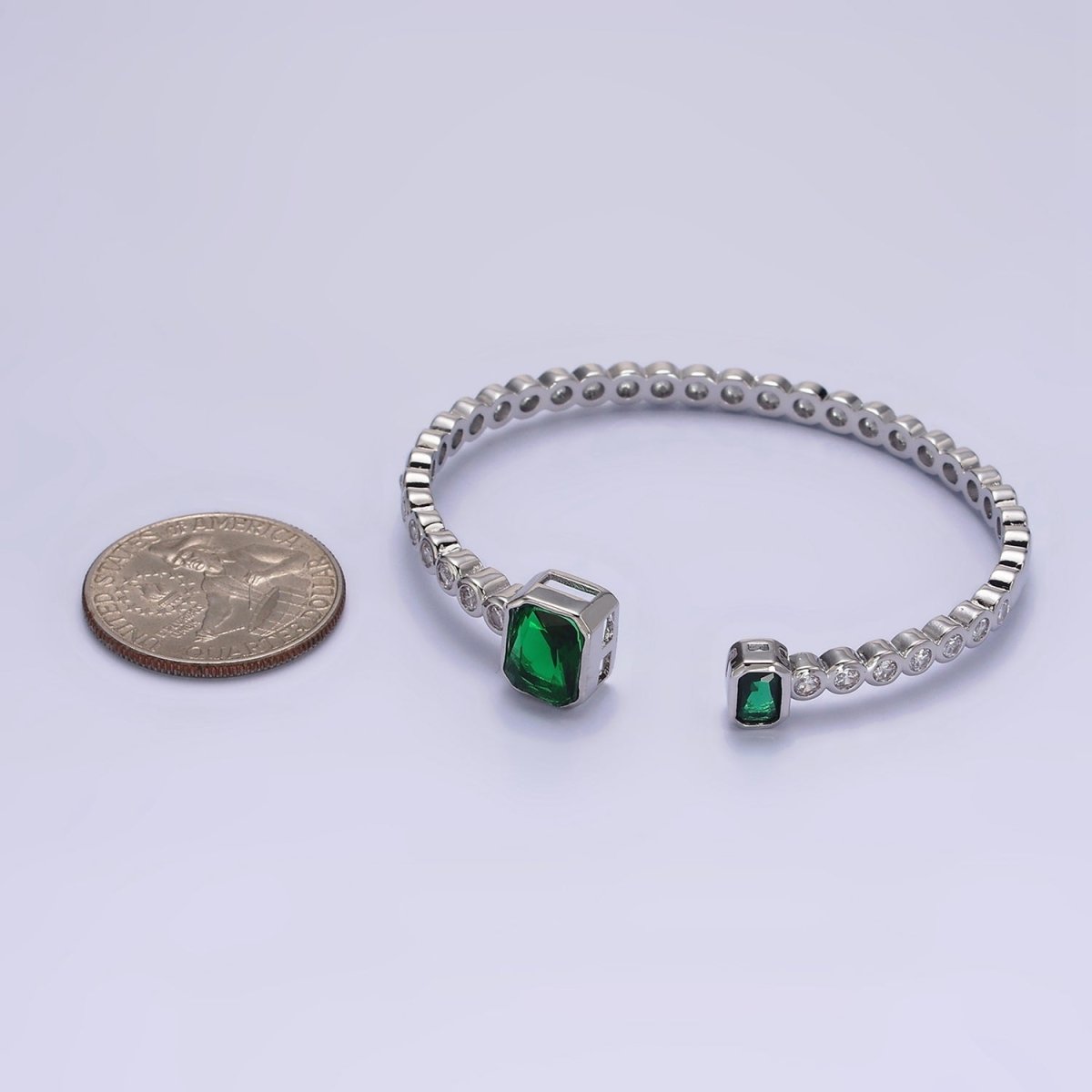 14K Gold Filled Green or Fuchsia Baguette Round CZ Lined Cuff Bracelet in Silver & Gold