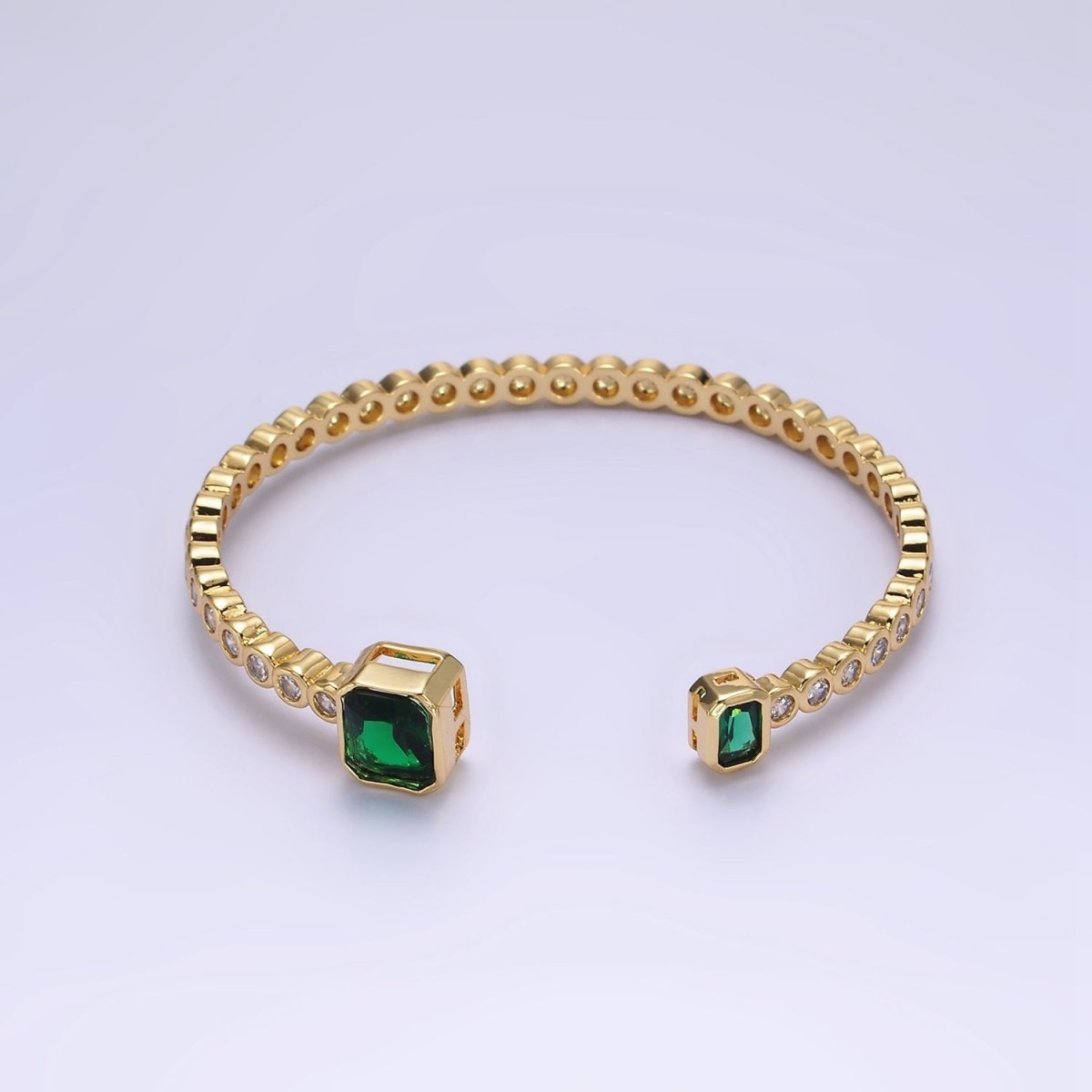 14K Gold Filled Green or Fuchsia Baguette Round CZ Lined Cuff Bracelet in Silver & Gold
