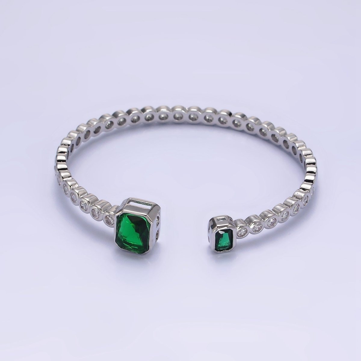 14K Gold Filled Green or Fuchsia Baguette Round CZ Lined Cuff Bracelet in Silver & Gold