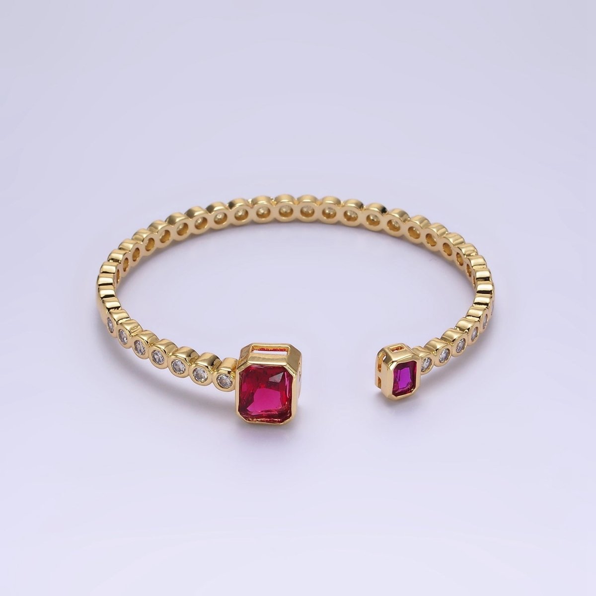 14K Gold Filled Green or Fuchsia Baguette Round CZ Lined Cuff Bracelet in Silver & Gold