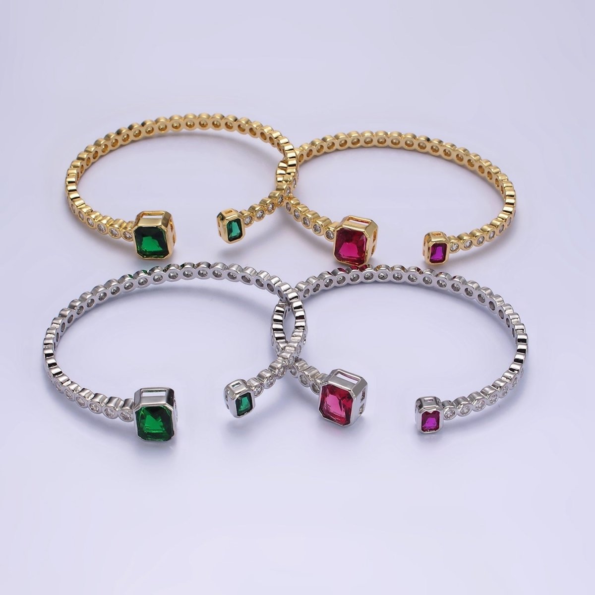 14K Gold Filled Green or Fuchsia Baguette Round CZ Lined Cuff Bracelet in Silver & Gold
