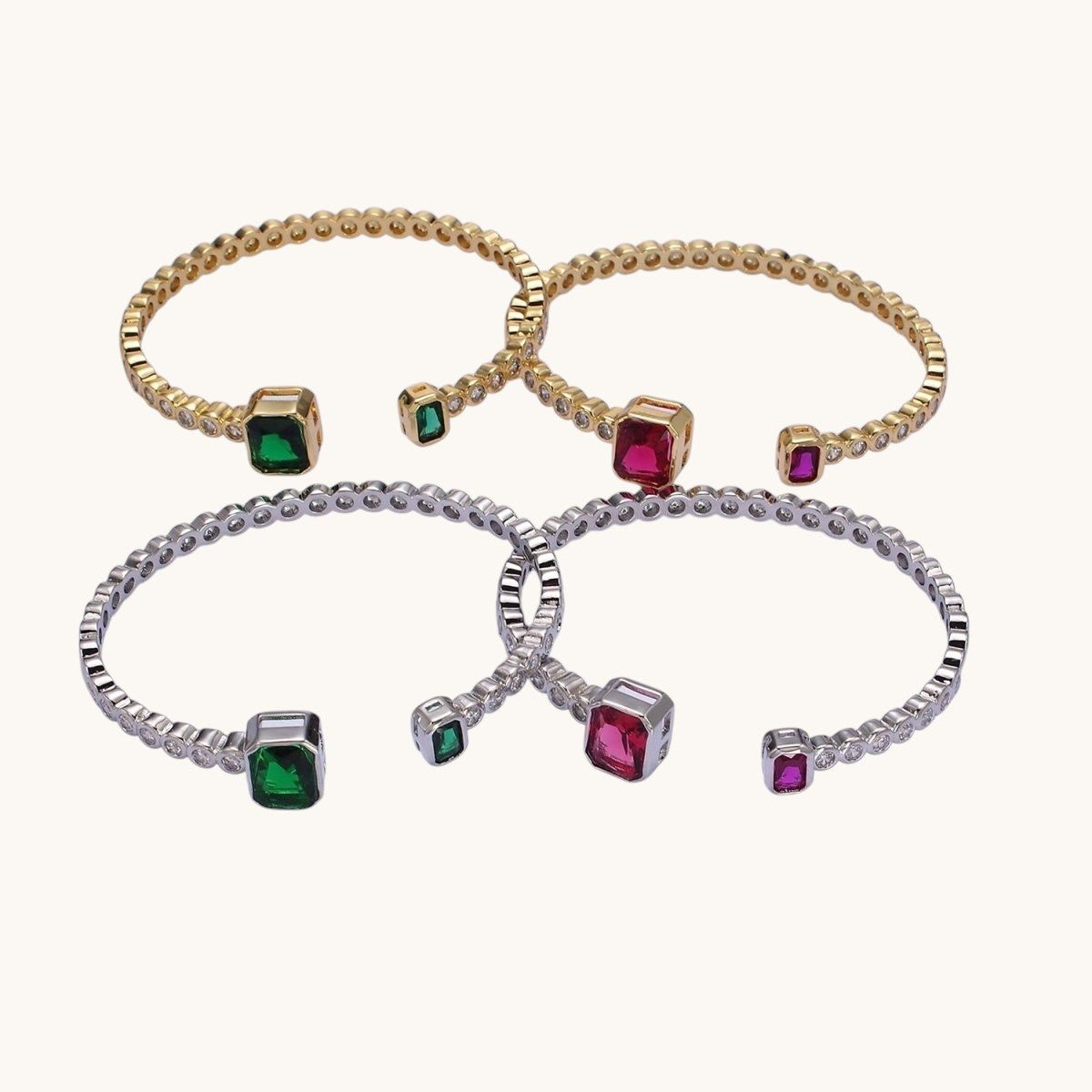 14K Gold Filled Green or Fuchsia Baguette Round CZ Lined Cuff Bracelet in Silver or Gold