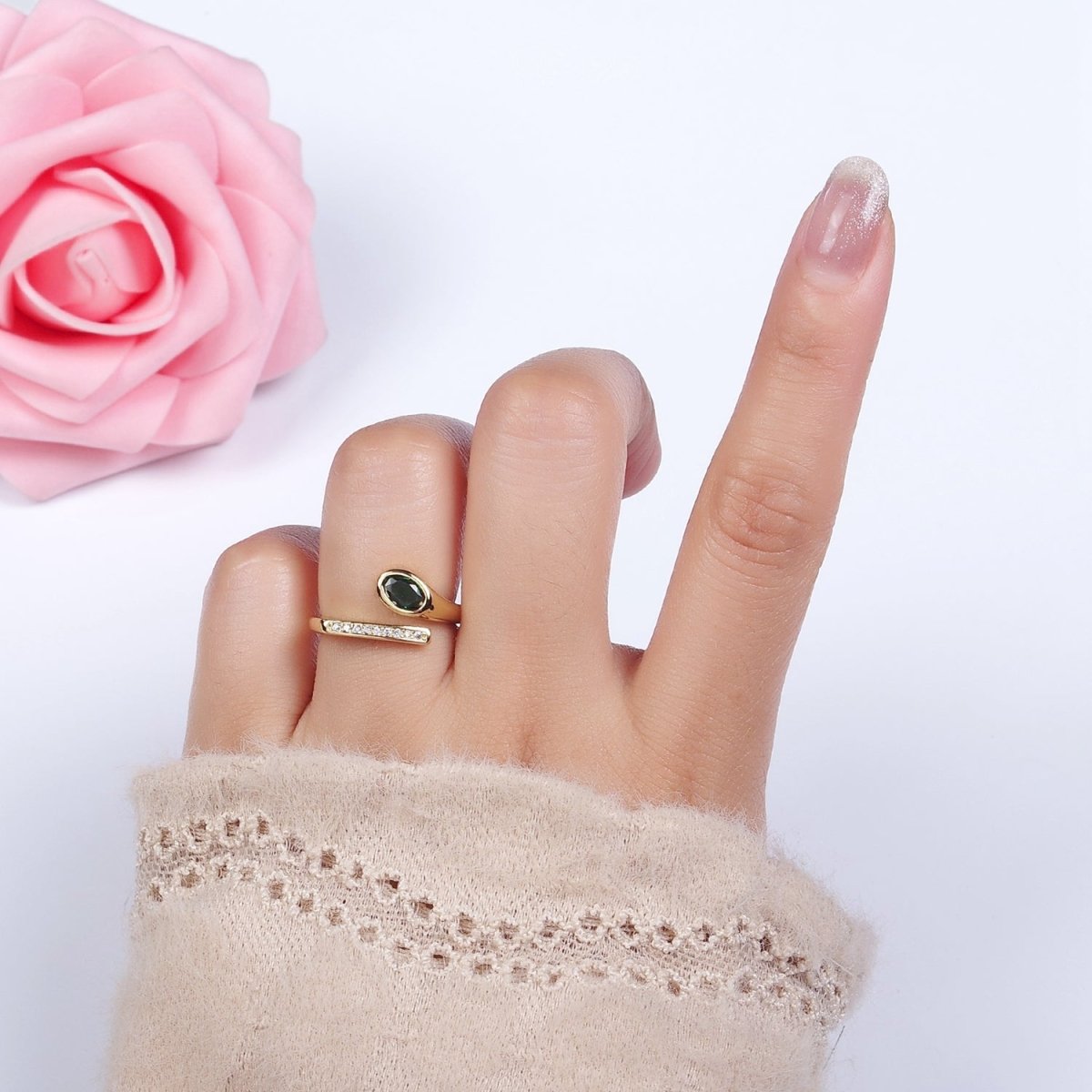 Dainty 14K Gold-Filled Green Oval CZ Clear Micro Pave Band Open Ring