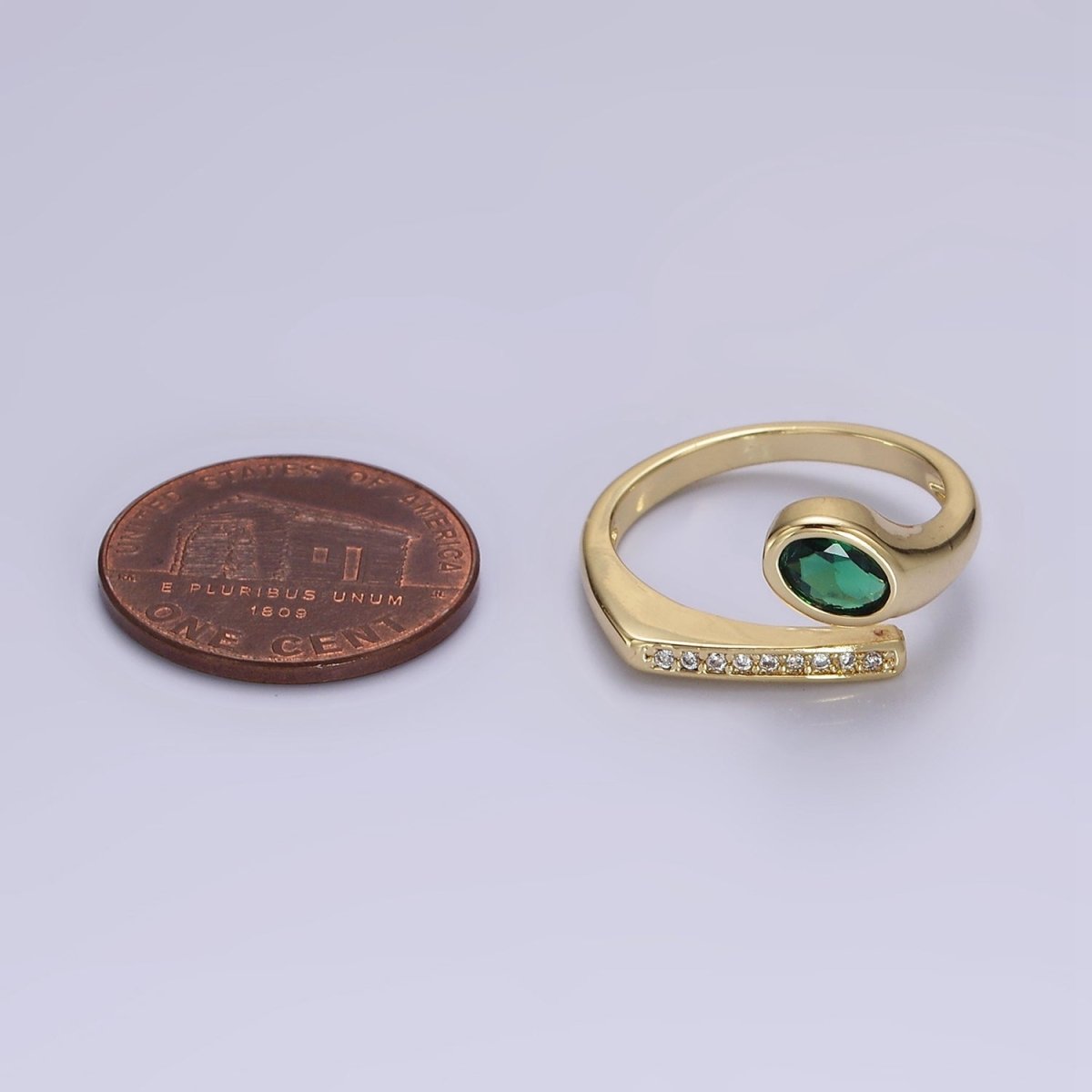 Dainty 14K Gold-Filled Green Oval CZ Clear Micro Pave Band Open Ring