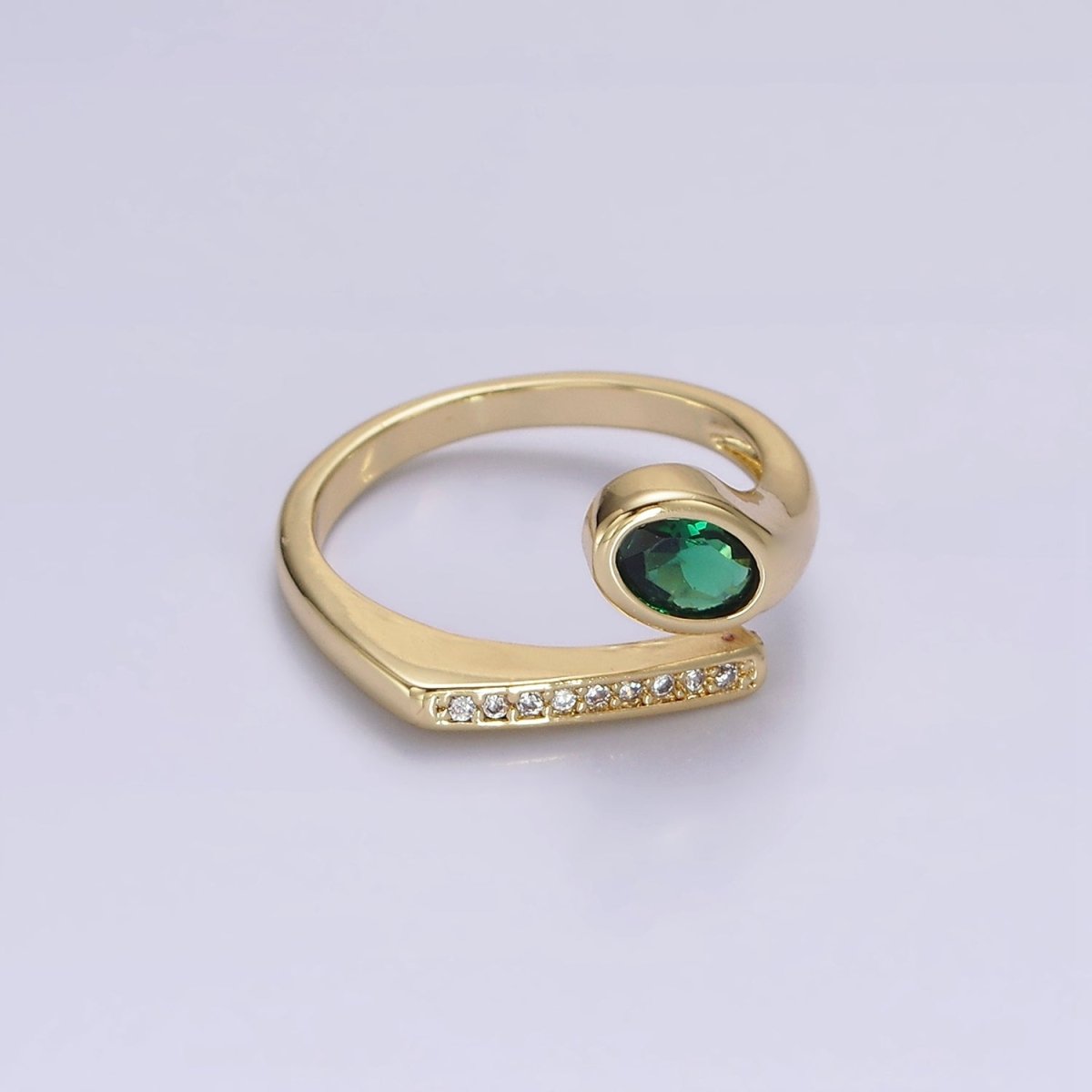 Dainty 14K Gold-Filled Green Oval CZ Clear Micro Pave Band Open Ring