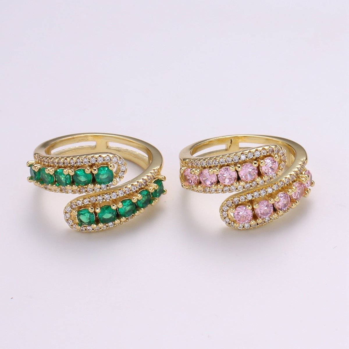 14K Gold Filled Green, Pink Round CZ Lined Micro Pave Double Band Wrap Ring