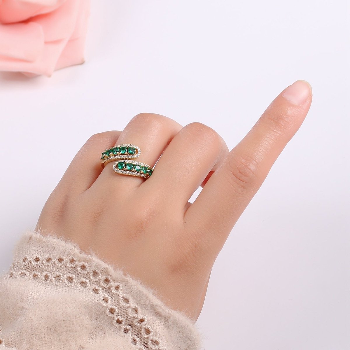 14K Gold Filled Green, Pink Round CZ Lined Micro Pave Double Band Wrap Ring