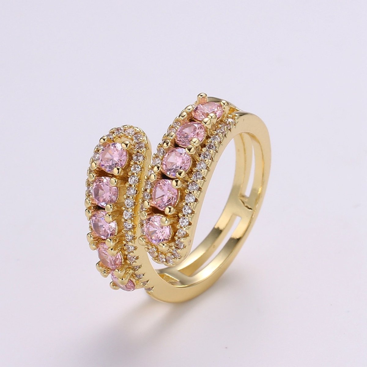 14K Gold Filled Green, Pink Round CZ Lined Micro Pave Double Band Wrap Ring