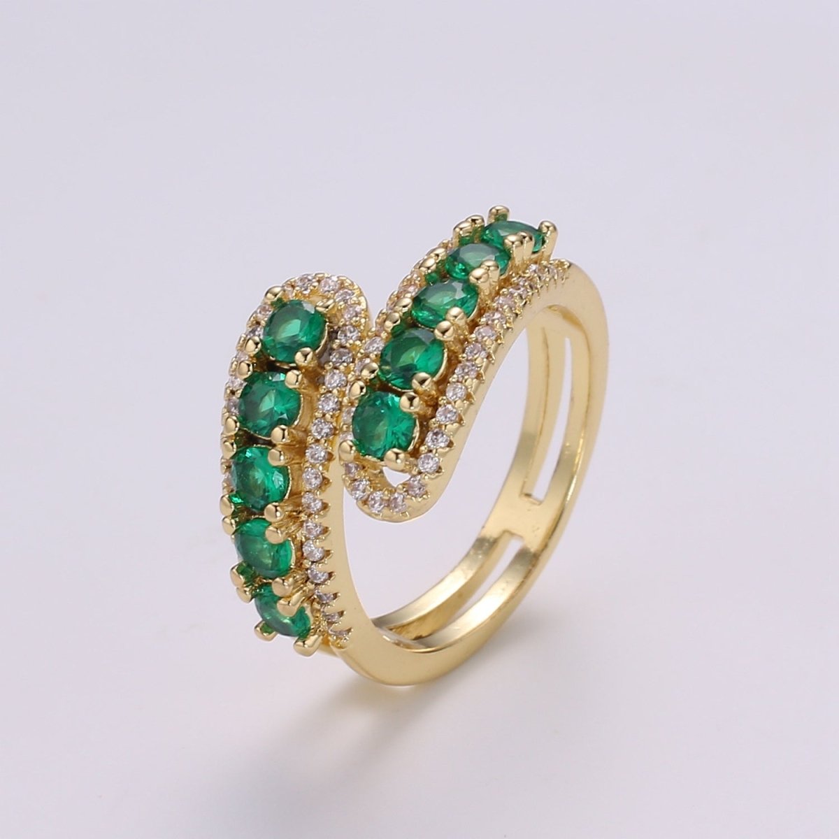 14K Gold Filled Green, Pink Round CZ Lined Micro Pave Double Band Wrap Ring