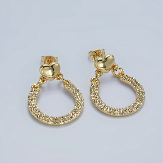 14K Gold Filled Heart Link U-Shaped Micro Pave CZ Drop Stud Earrings
