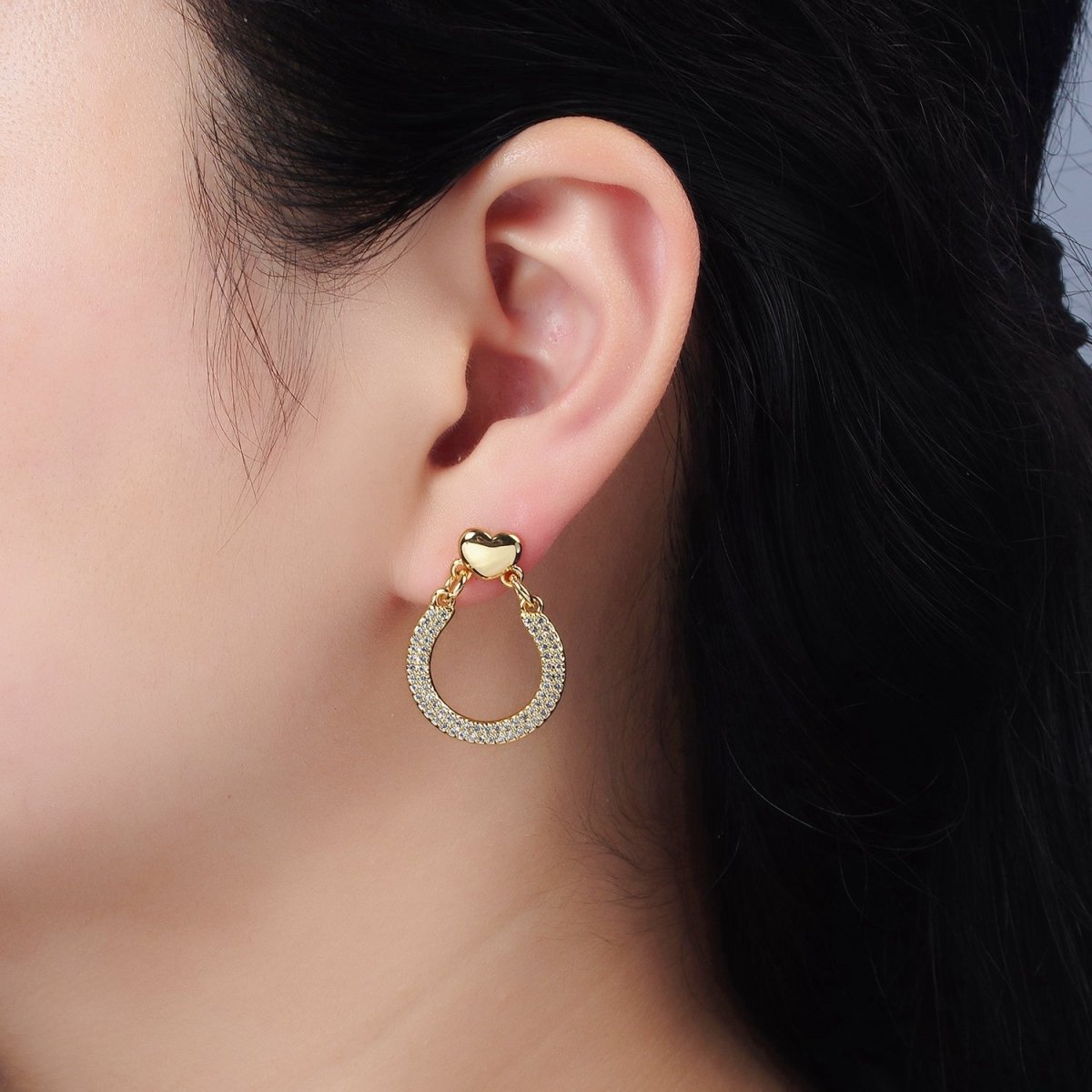 14K Gold Filled Heart Link U-Shaped Micro Pave CZ Drop Stud Earrings