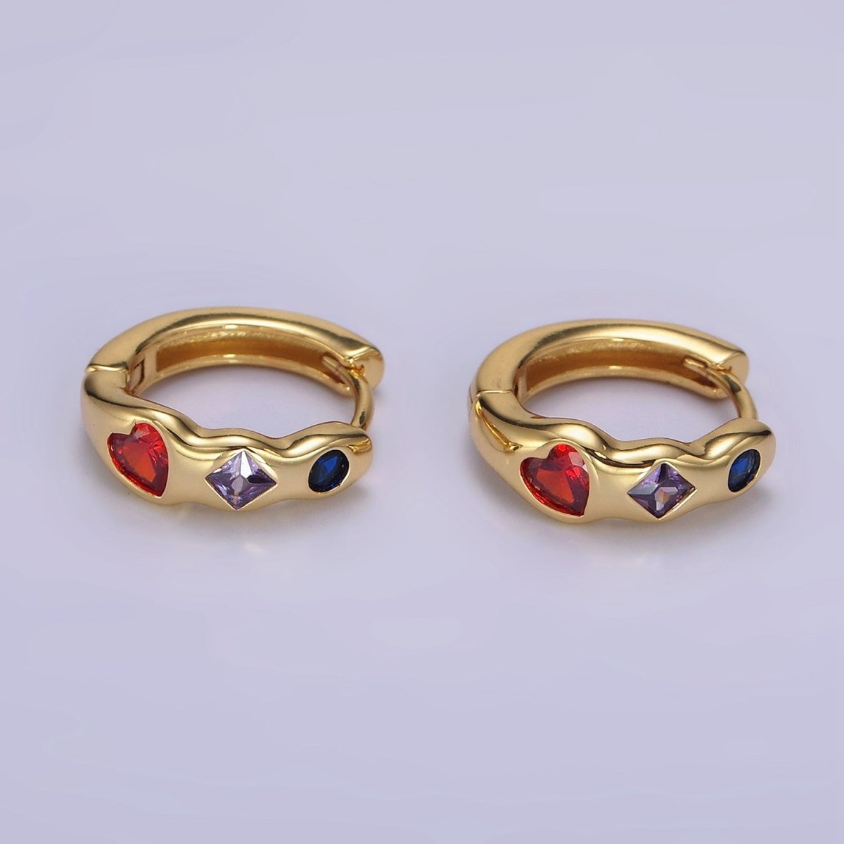 14K Gold Filled Heart Rhombus Round Multicolor CZ Wavy 15mm Huggie Earrings