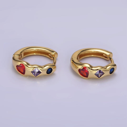 14K Gold Filled Heart Rhombus Round Multicolor CZ Wavy 15mm Huggie Earrings
