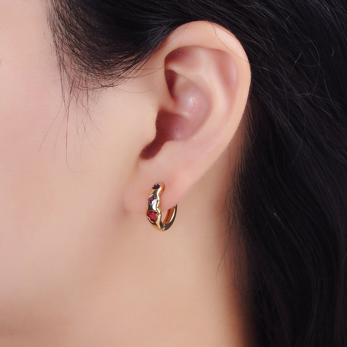 14K Gold Filled Heart Rhombus Round Multicolor CZ Wavy 15mm Huggie Earrings