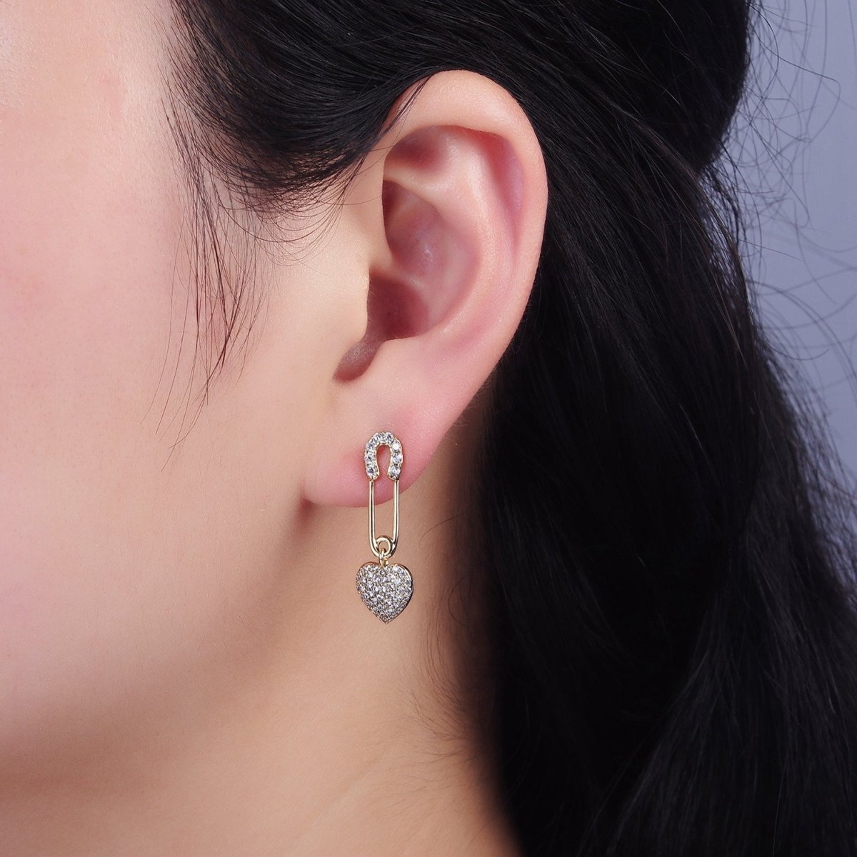 14K Gold Filled Heart Safety Pin Micro Pave CZ Drop Stud Earrings