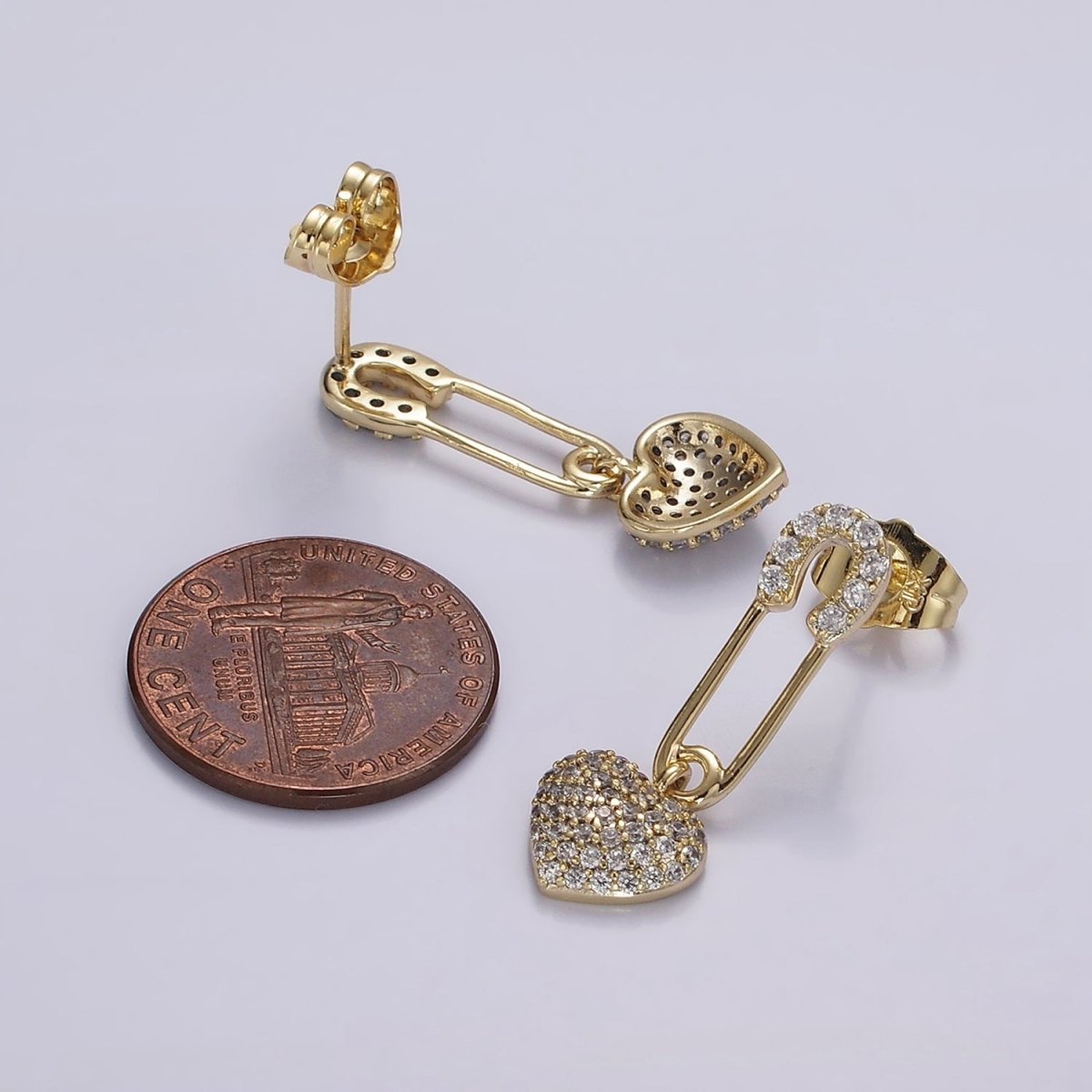14K Gold Filled Heart Safety Pin Micro Pave CZ Drop Stud Earrings