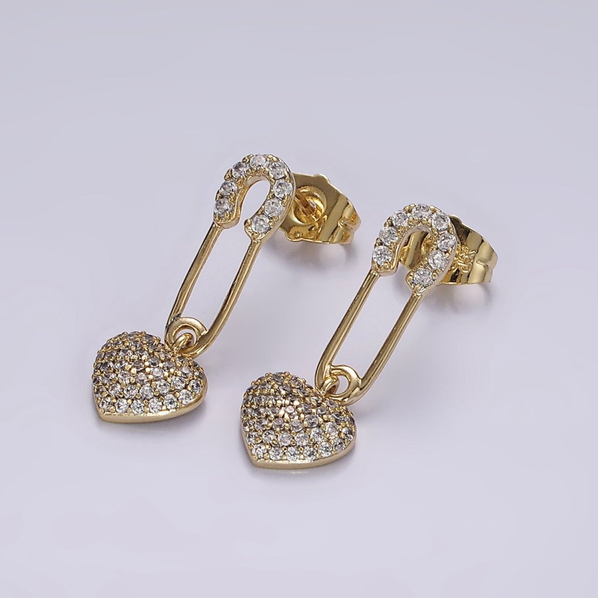 14K Gold Filled Heart Safety Pin Micro Pave CZ Drop Stud Earrings