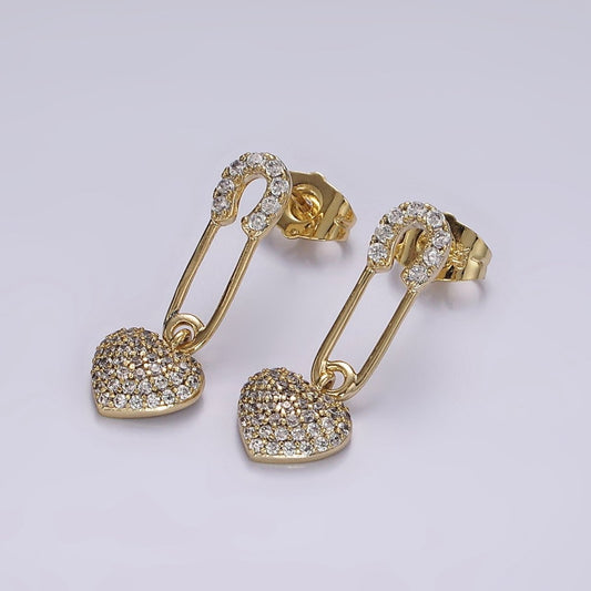 14K Gold Filled Heart Safety Pin Micro Pave CZ Drop Stud Earrings