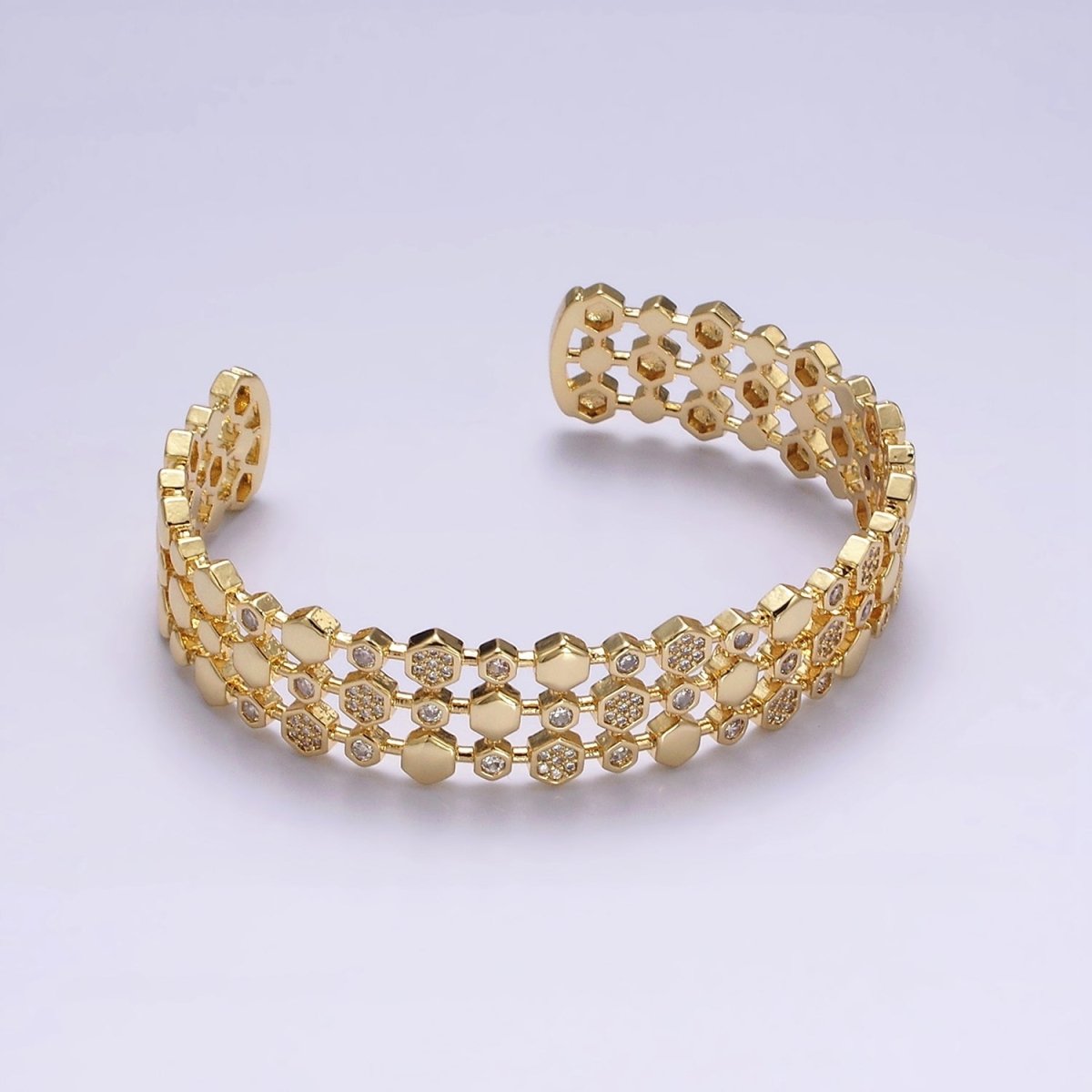 14K Gold Filled Hexagonal Micro Paved CZ Triple Lined Cuff Bracelet in Gold