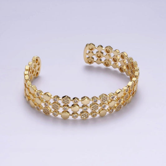 14K Gold Filled Hexagonal Micro Paved CZ Triple Lined Cuff Bracelet in Gold