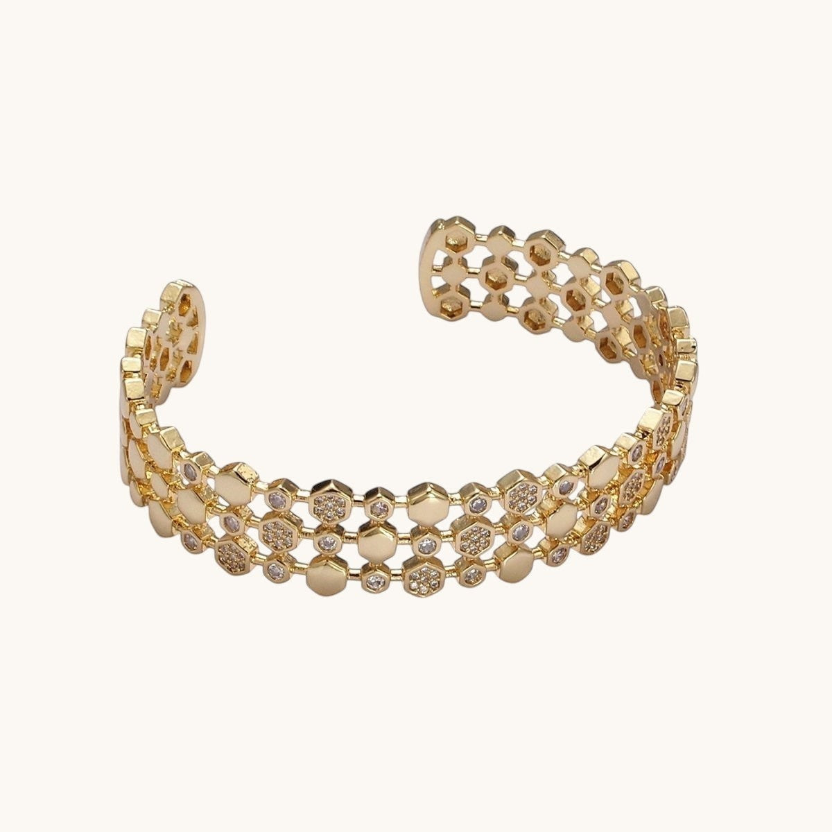 14K Gold Filled Hexagonal Micro Paved CZ Triple Lined Cuff Bracelet in Gold