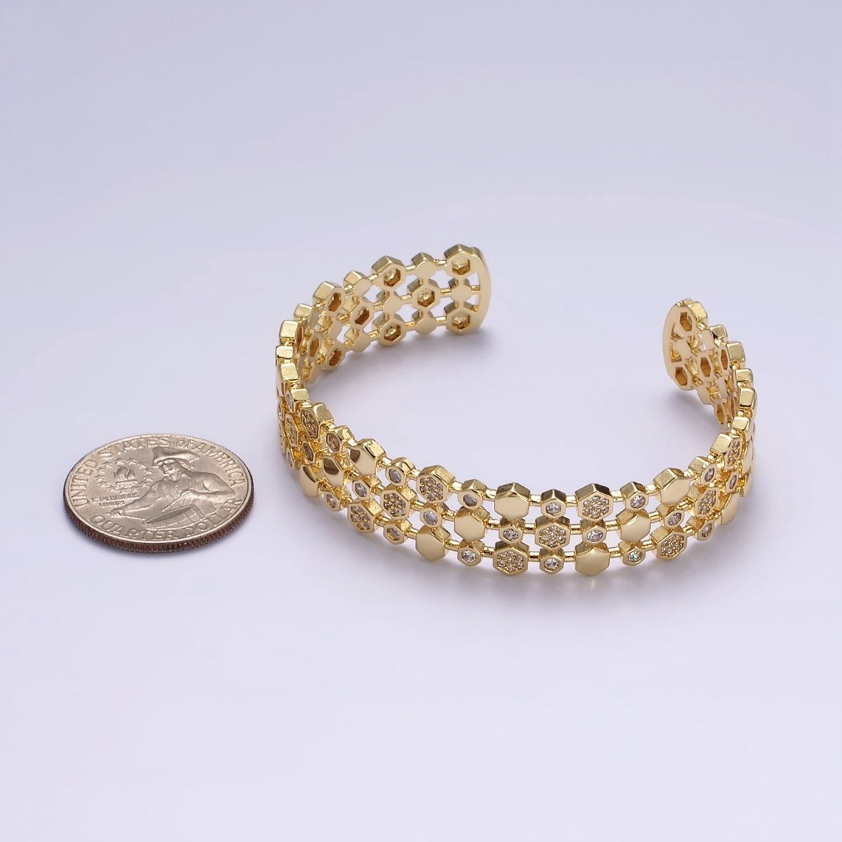 14K Gold Filled Hexagonal Micro Paved CZ Triple Lined Cuff Bracelet in Gold
