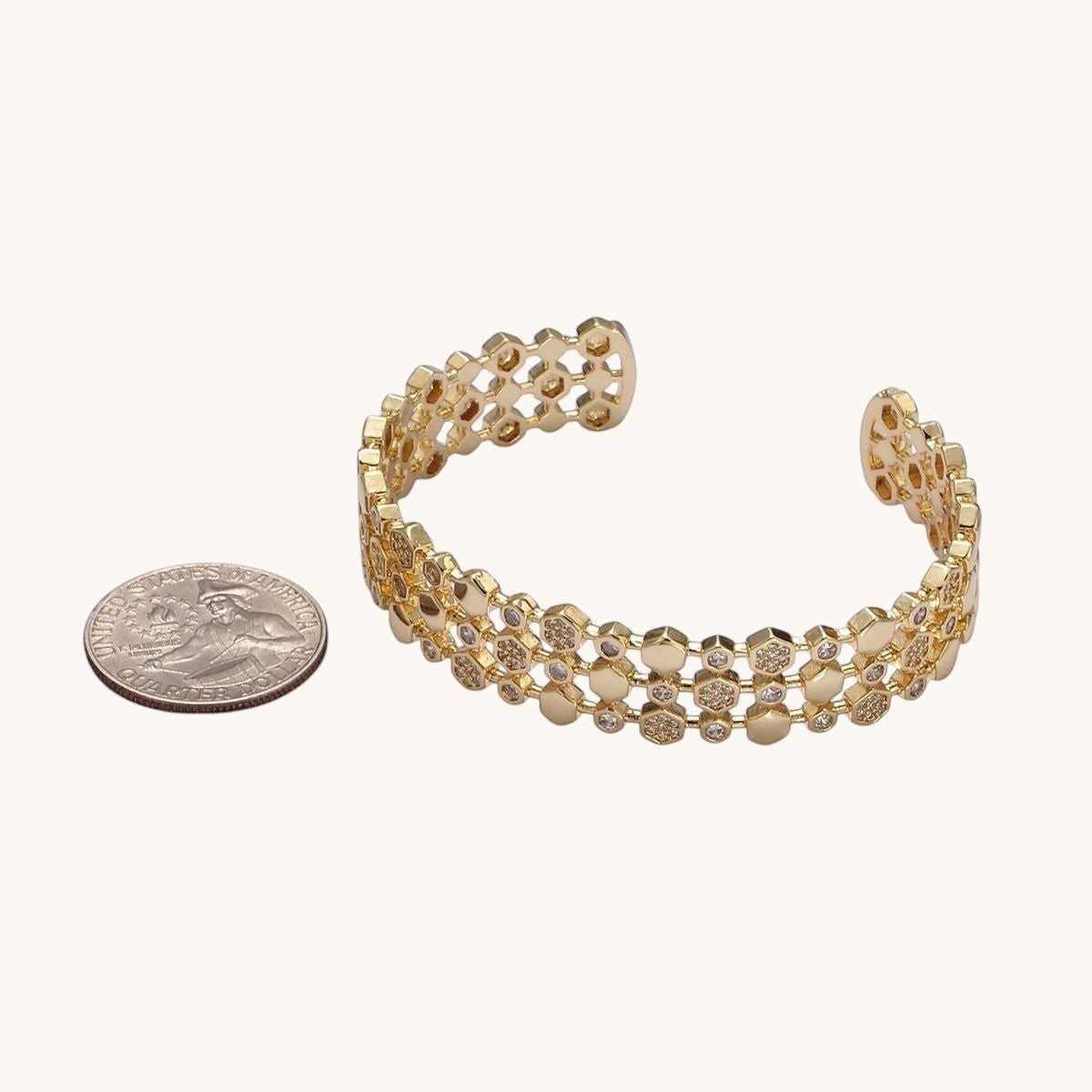 14K Gold Filled Hexagonal Micro Paved CZ Triple Lined Cuff Bracelet in Gold