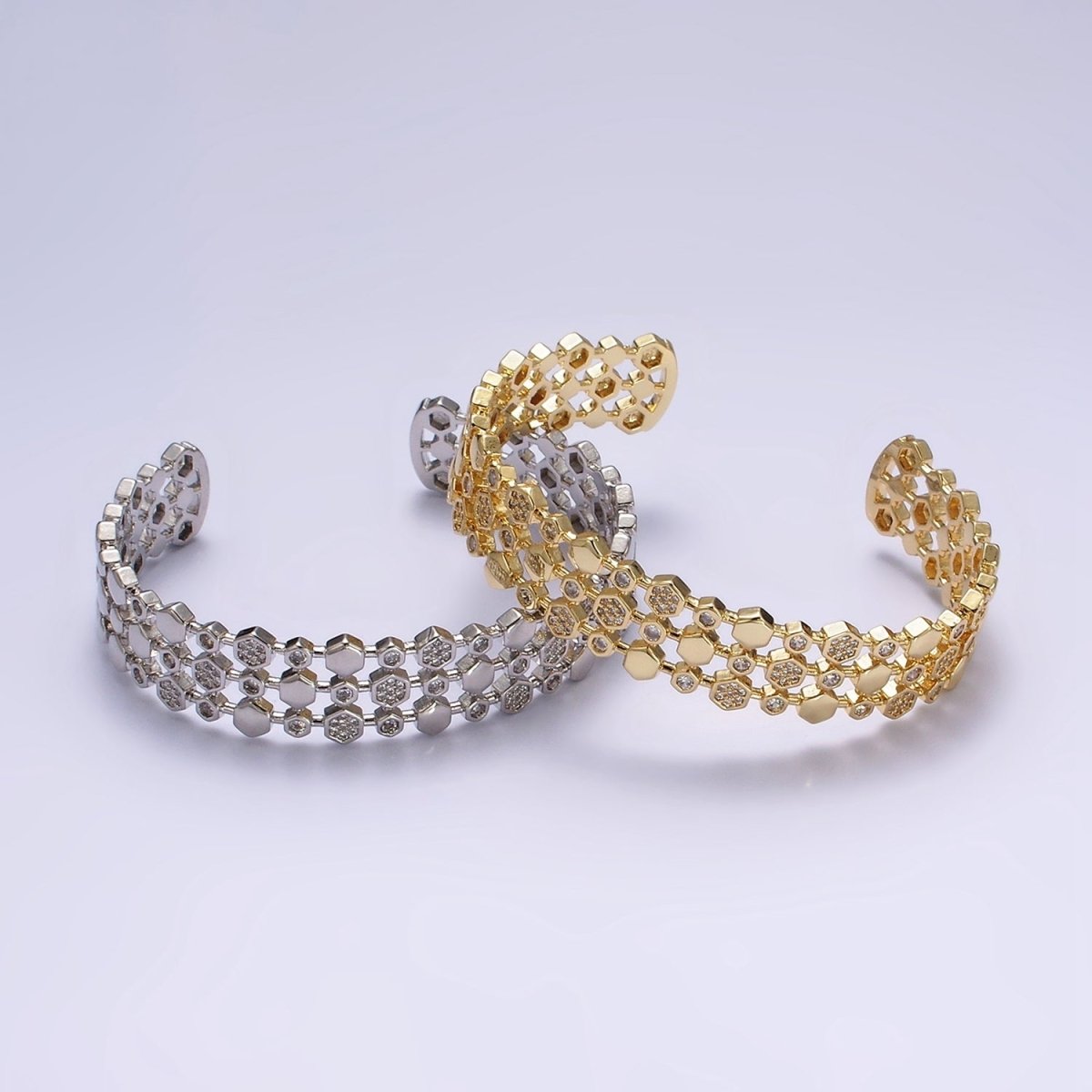 14K Gold Filled Hexagonal Micro Paved CZ Triple Lined Cuff Bracelet in Gold
