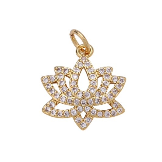 14K Gold Filled Lotus Flower Charm, Micro Pave Cubic Zirconia