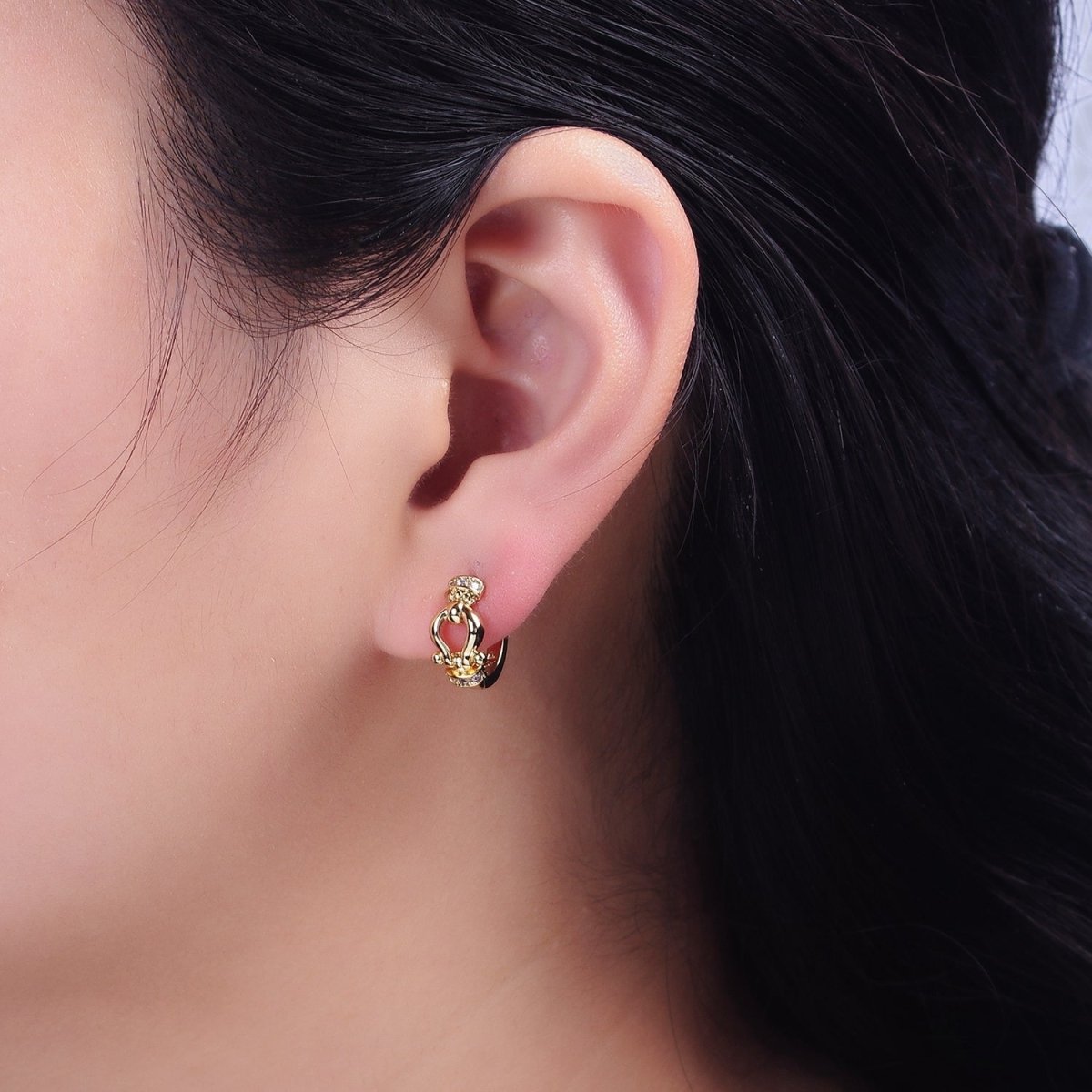 14K Gold Filled Lyre Link Micro Pave CZ 13mm Huggie Earrings