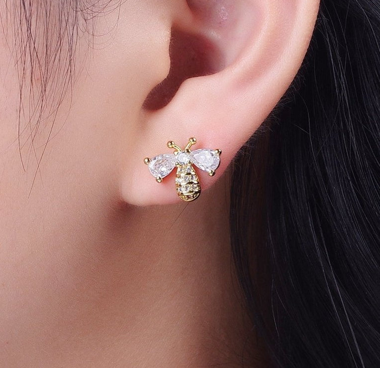 Gold-Filled Micro Paved Bumble Queen Bee Cubic Zirconia Gold Stud Earrings