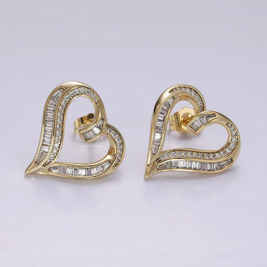 14K Gold Filled Micro Pave CZ Baguette Lined Open Heart Stud Earrings