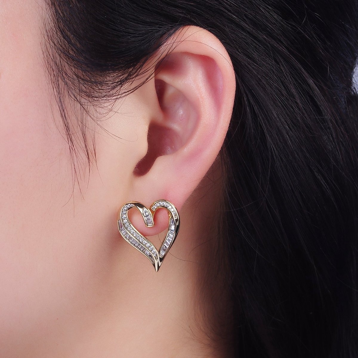 14K Gold Filled Micro Pave CZ Baguette Lined Open Heart Stud Earrings