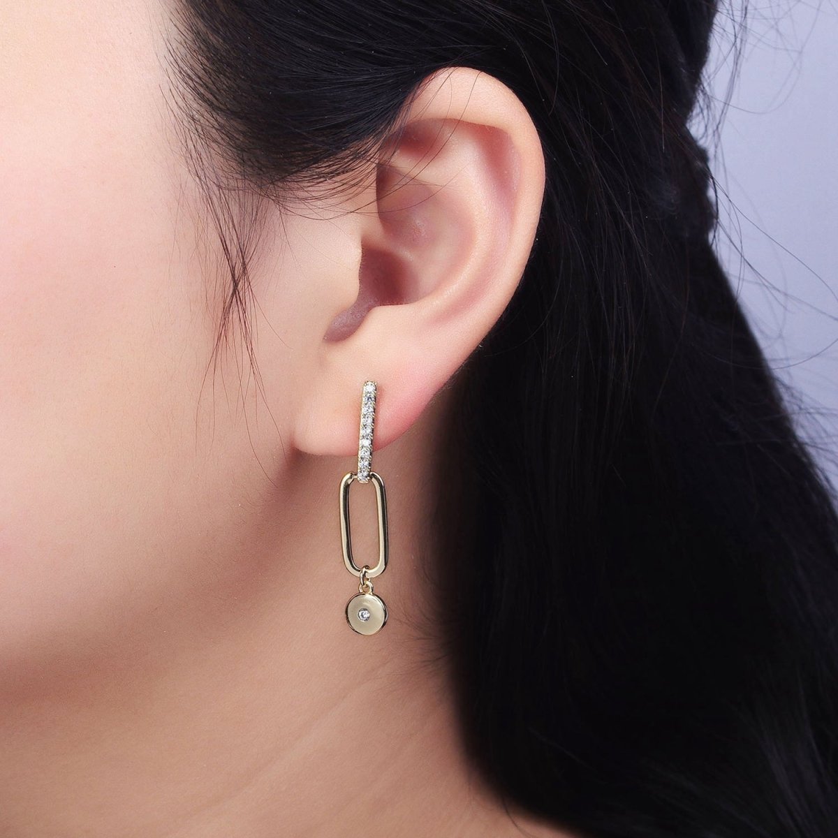 Modern 14K Gold Filled Micro Pave CZ Bar Oblong Round Drop Geometric Stud Earrings
