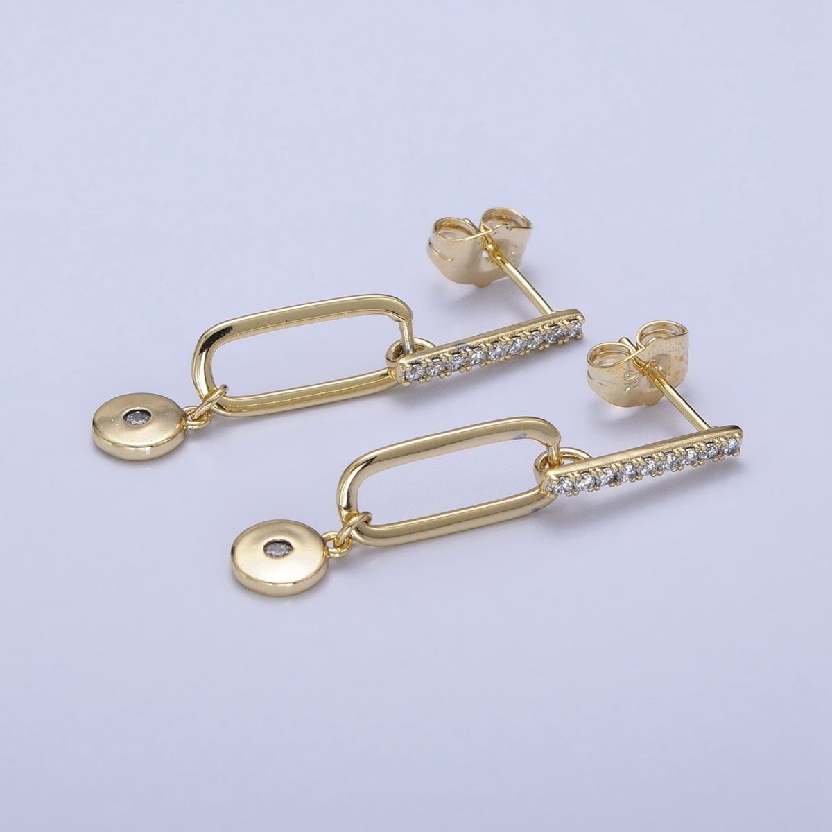 Modern 14K Gold Filled Micro Pave CZ Bar Oblong Round Drop Geometric Stud Earrings