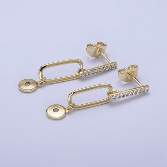 Modern 14K Gold Filled Micro Pave CZ Bar Oblong Round Drop Geometric Stud Earrings