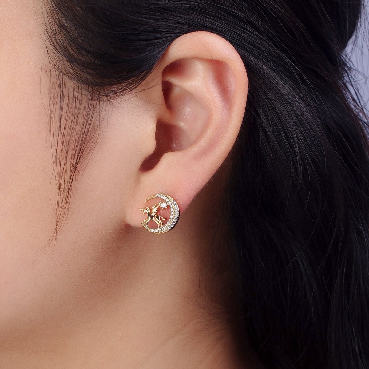 14K Gold Filled Micro Pave CZ Celestial Crescent Moon Pegasus Stud Earrings