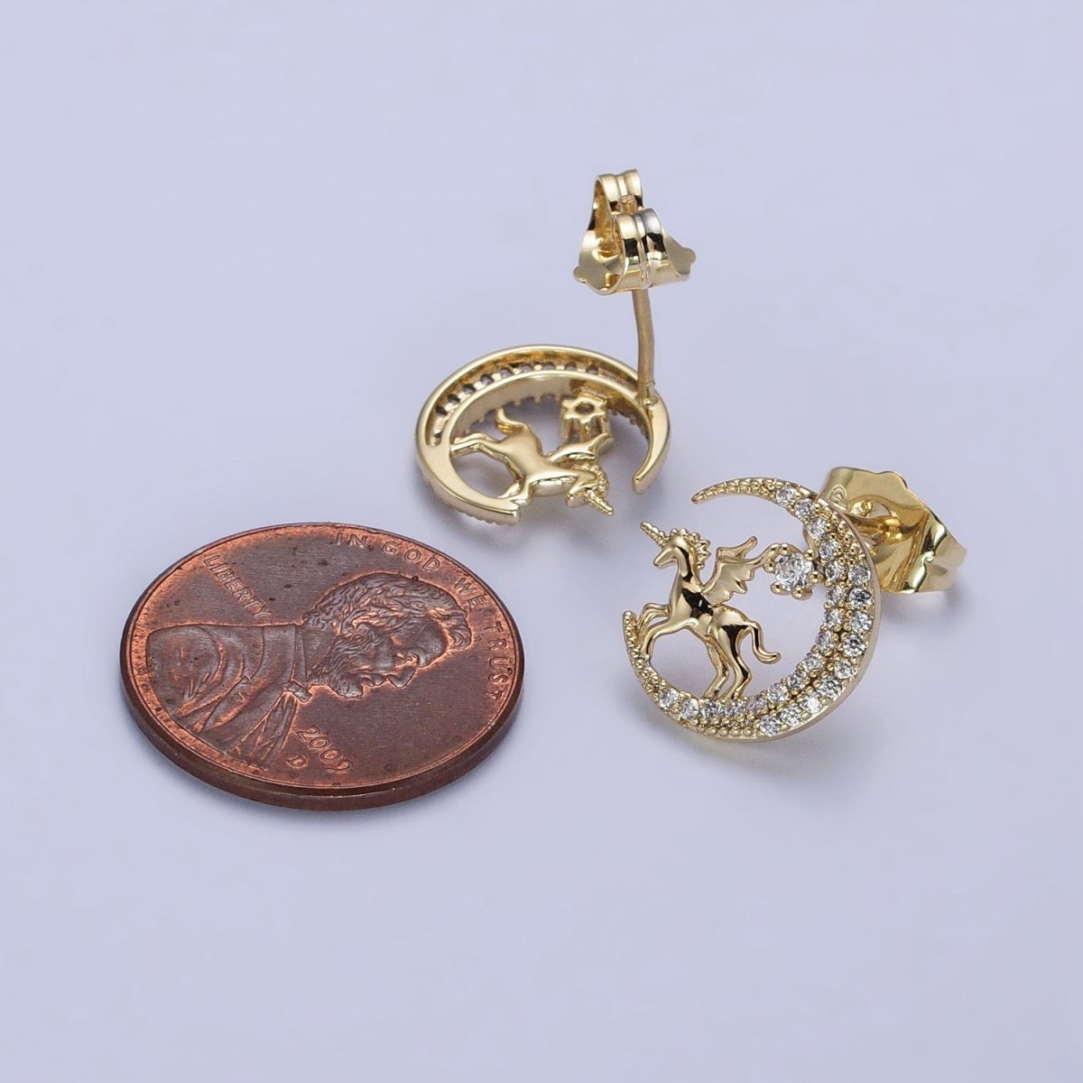 14K Gold Filled Micro Pave CZ Celestial Crescent Moon Pegasus Stud Earrings