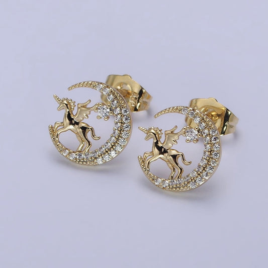 14K Gold Filled Micro Pave CZ Celestial Crescent Moon Pegasus Stud Earrings