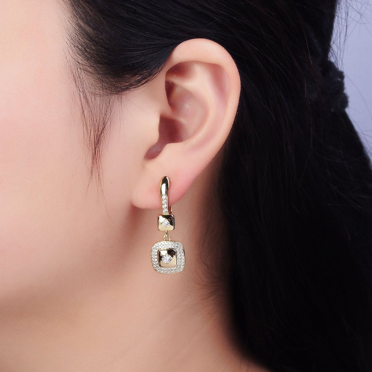 14K Gold Filled Micro Paved CZ Double Square Drop English Lock Earrings