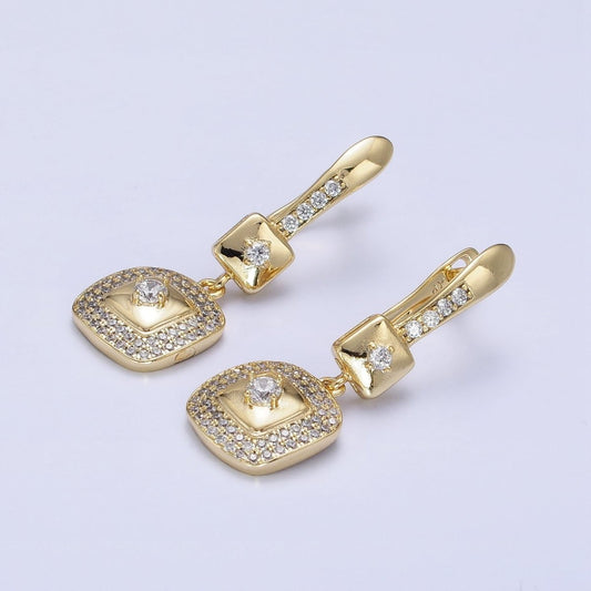 14K Gold Filled Micro Paved CZ Double Square Drop English Lock Earrings