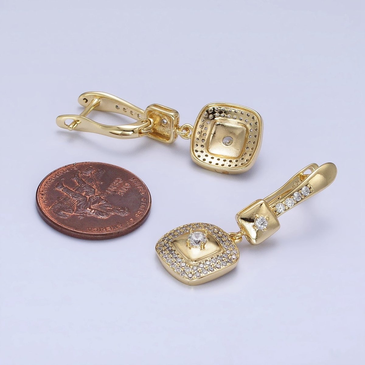 14K Gold Filled Micro Paved CZ Double Square Drop English Lock Earrings