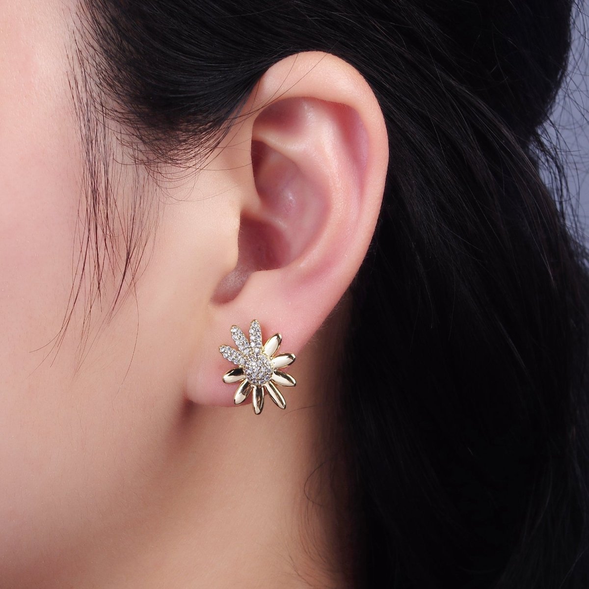 14K Gold Filled Micro Pave CZ Flower Petal Stud Earrings