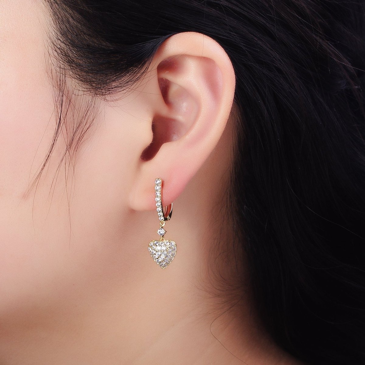 14K Gold Filled Micro Pave CZ Heart Drop English Lock Earrings
