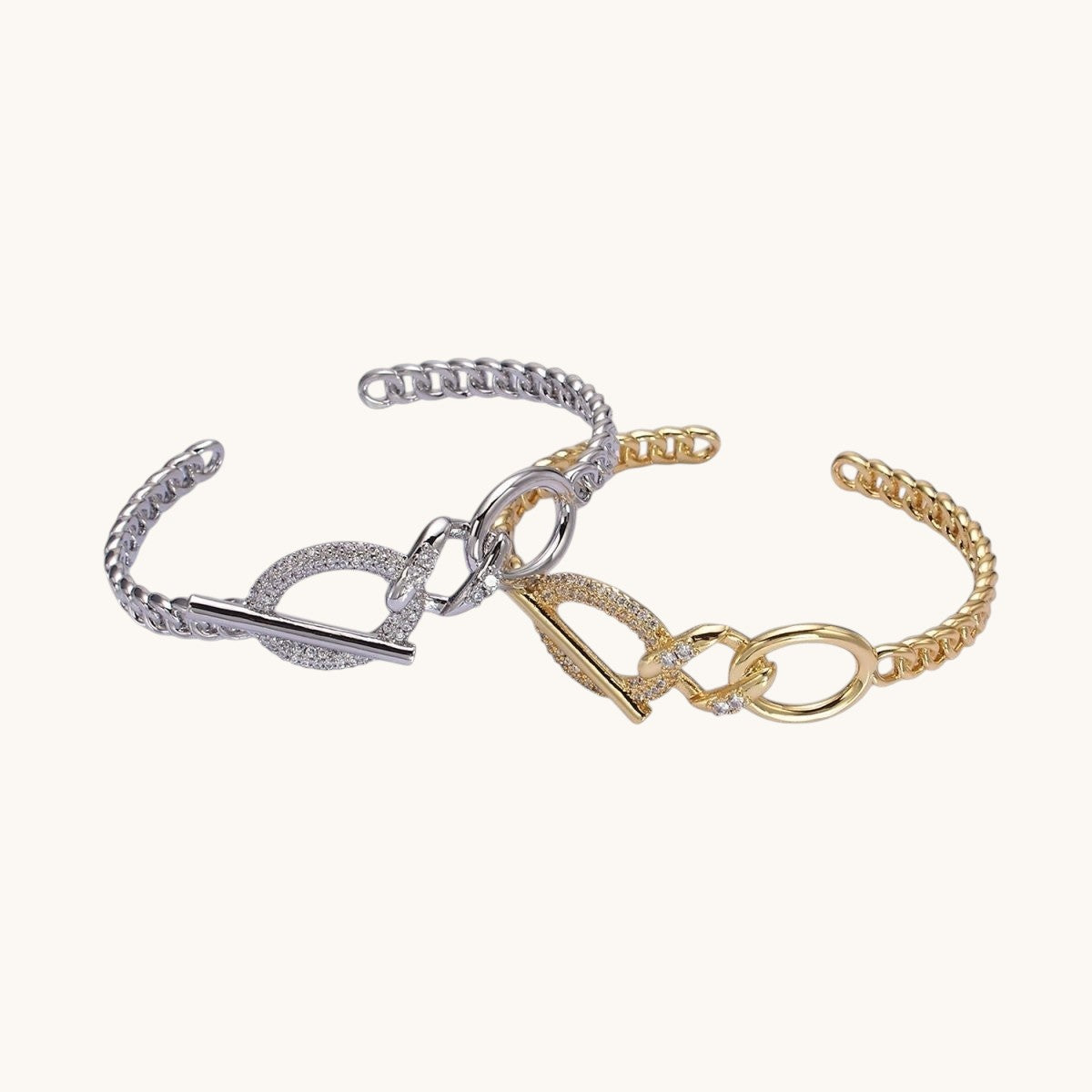 14K Gold Filled Micro Paved CZ Oval Bar Curb Cuff Bangle Bracelet in Gold