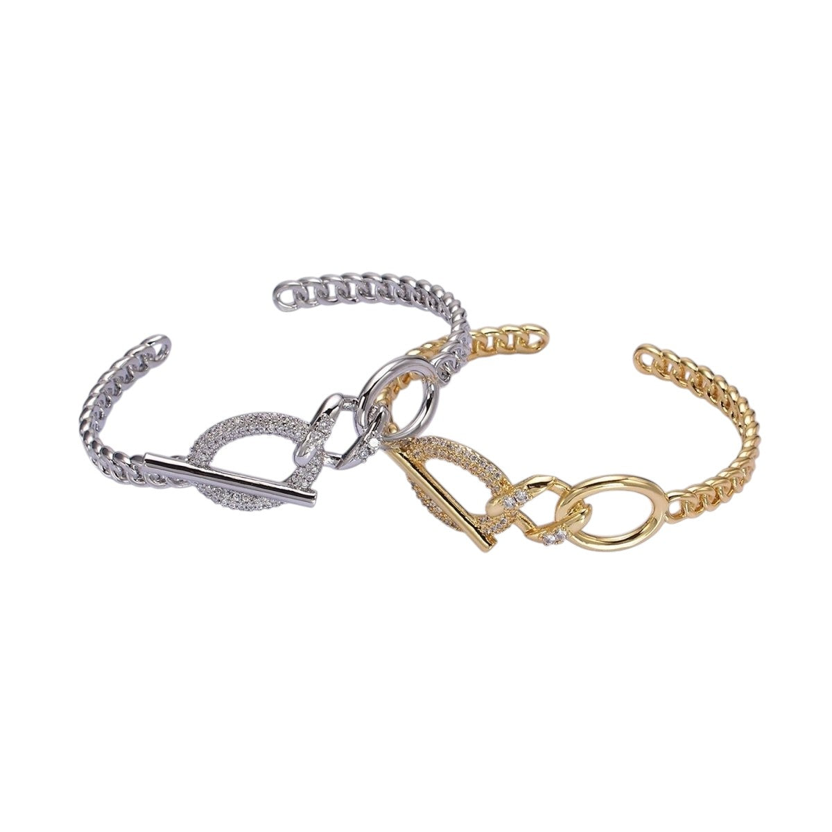 14K Gold Filled Micro Paved CZ Oval Bar Curb Cuff Bangle Bracelet in Gold