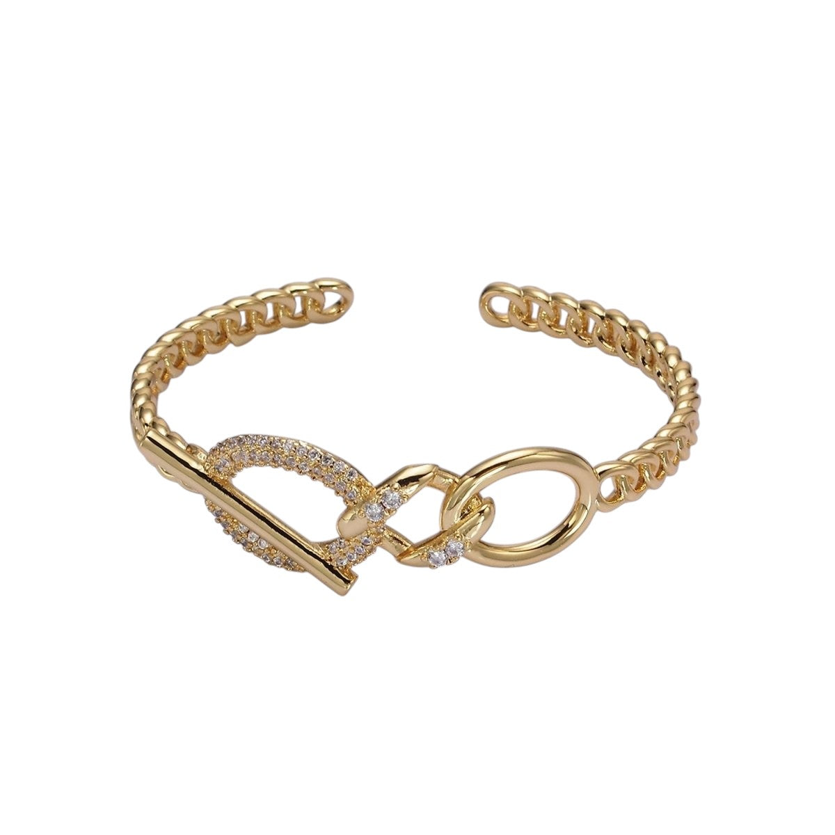 14K Gold Filled Micro Paved CZ Oval Bar Curb Cuff Bangle Bracelet in Gold