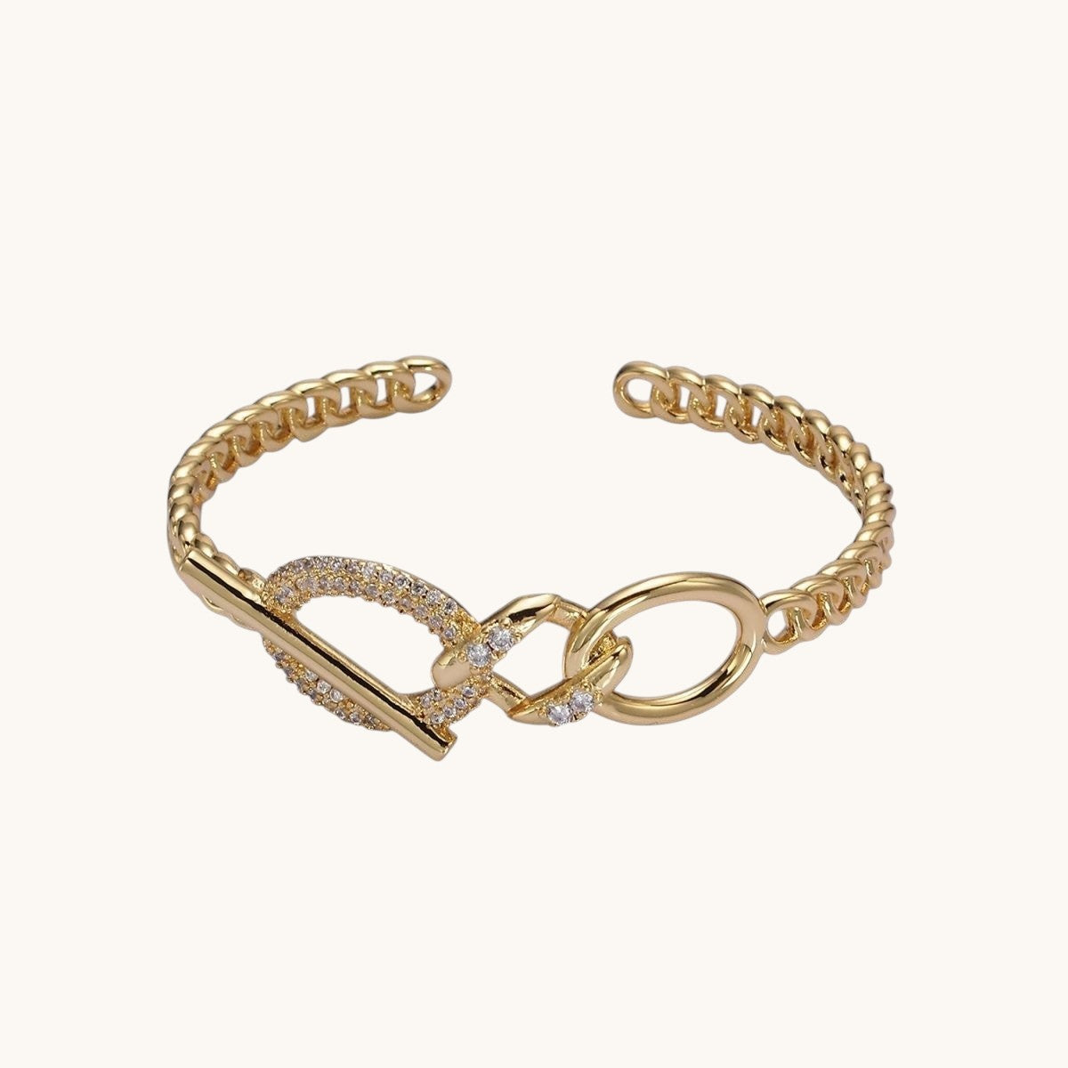 14K Gold Filled Micro Paved CZ Oval Bar Curb Cuff Bangle Bracelet in Gold