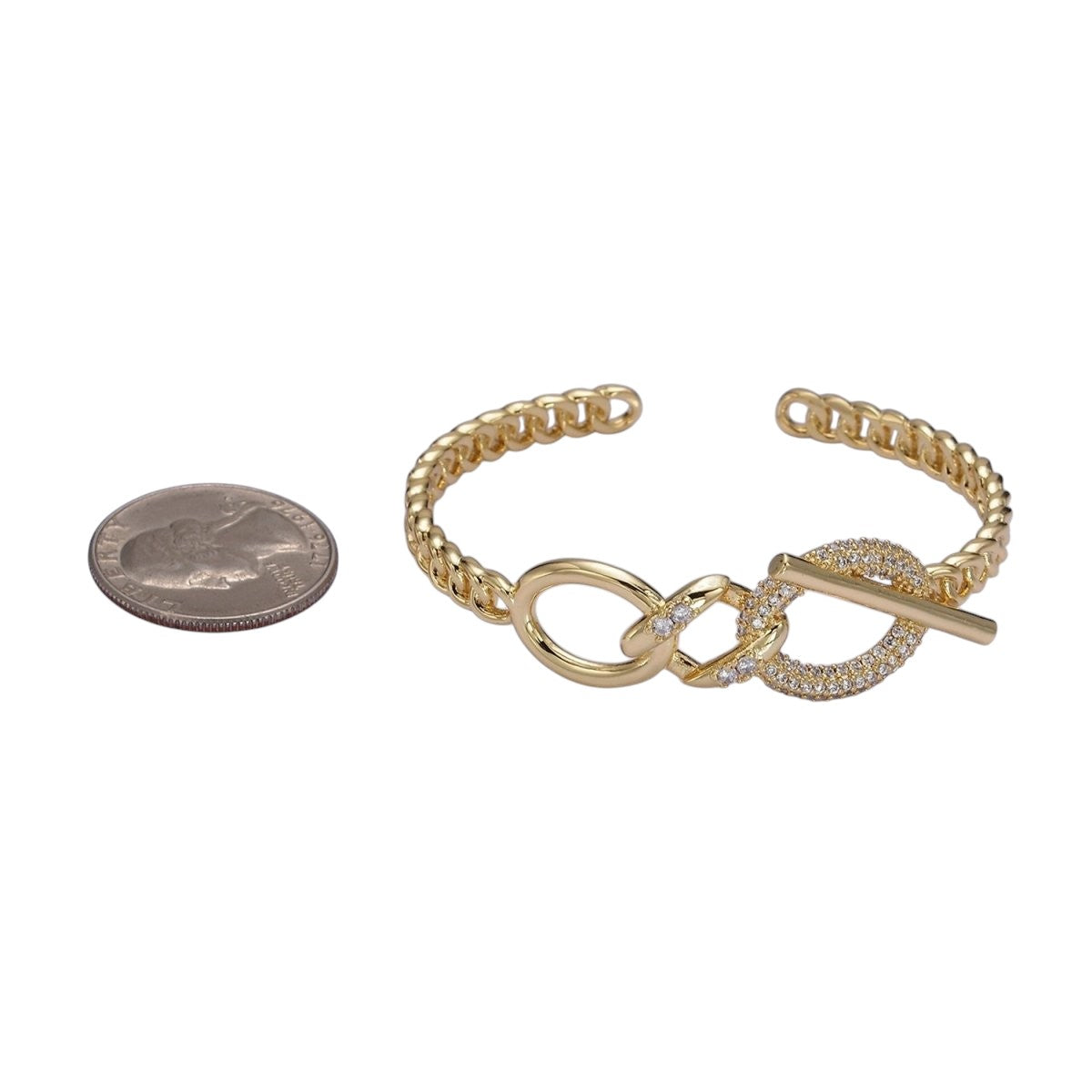 14K Gold Filled Micro Paved CZ Oval Bar Curb Cuff Bangle Bracelet in Gold